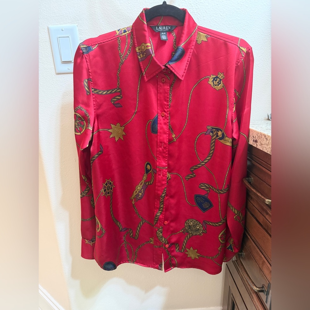 Vintage Lauren Ralph Lauren Red Silk-Blend Chain Print Button-Up Blouse